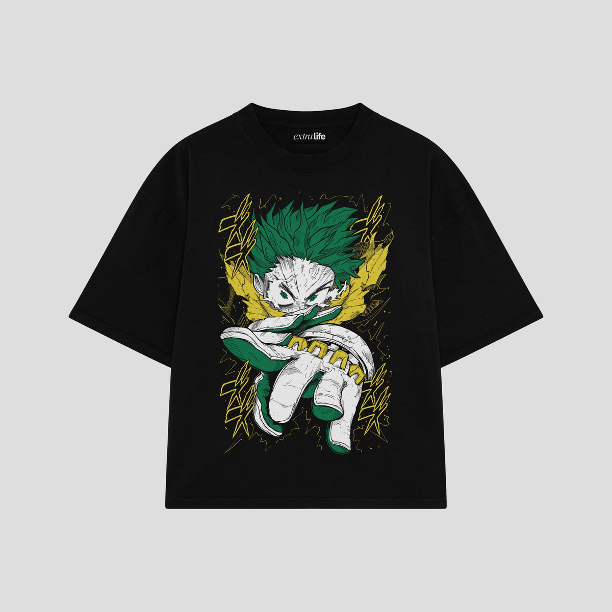 Playera streetwear premium de anime y gaming ExtraLife MX, corte oversized drop shoulder ligero y fresco en color Deep Black y Off-White, moda urbana mexicana de culto.