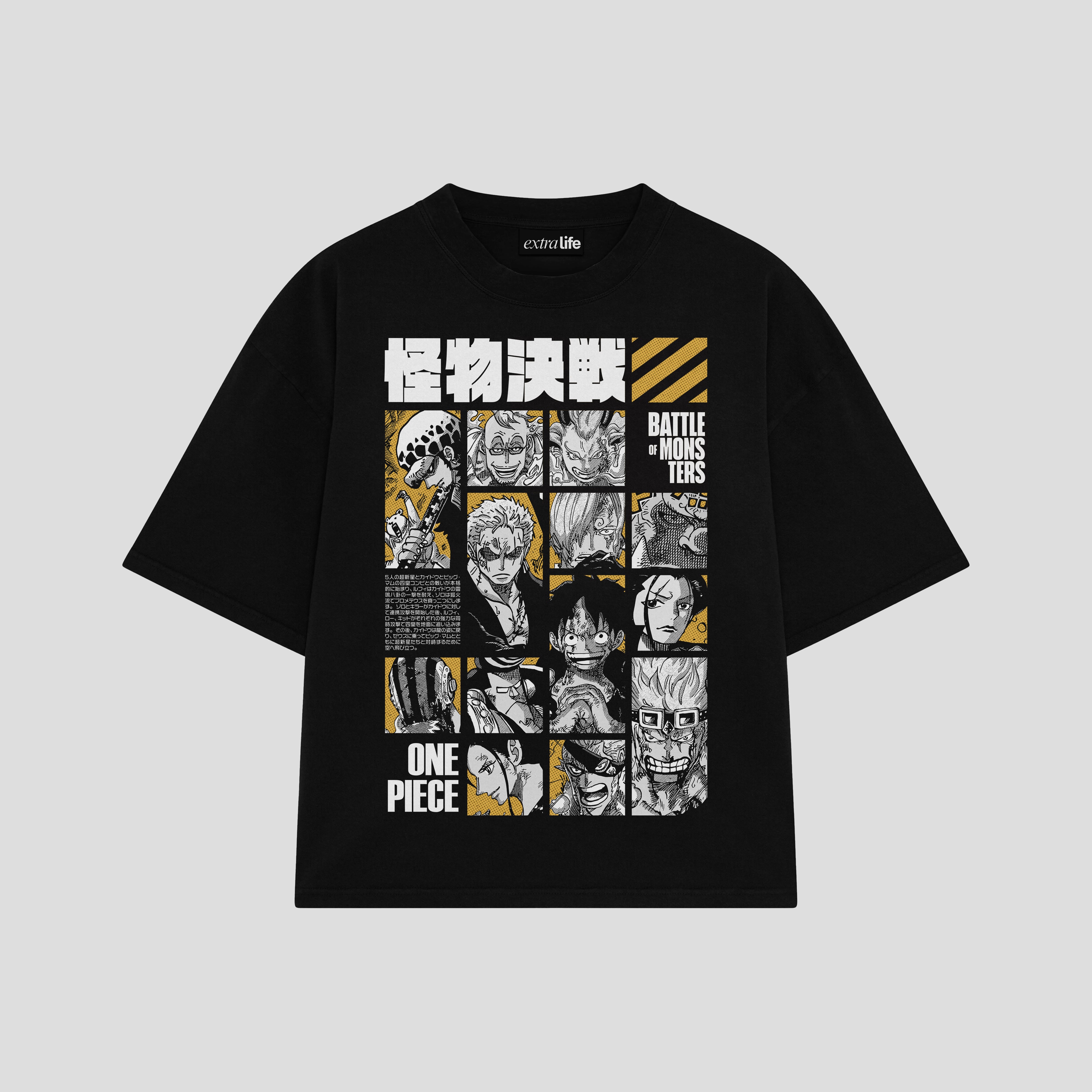 Playera streetwear premium de anime y gaming ExtraLife MX, corte boxy oversized drop shoulder heavyweight en color Deep Black y Off-White, moda urbana mexicana de culto.