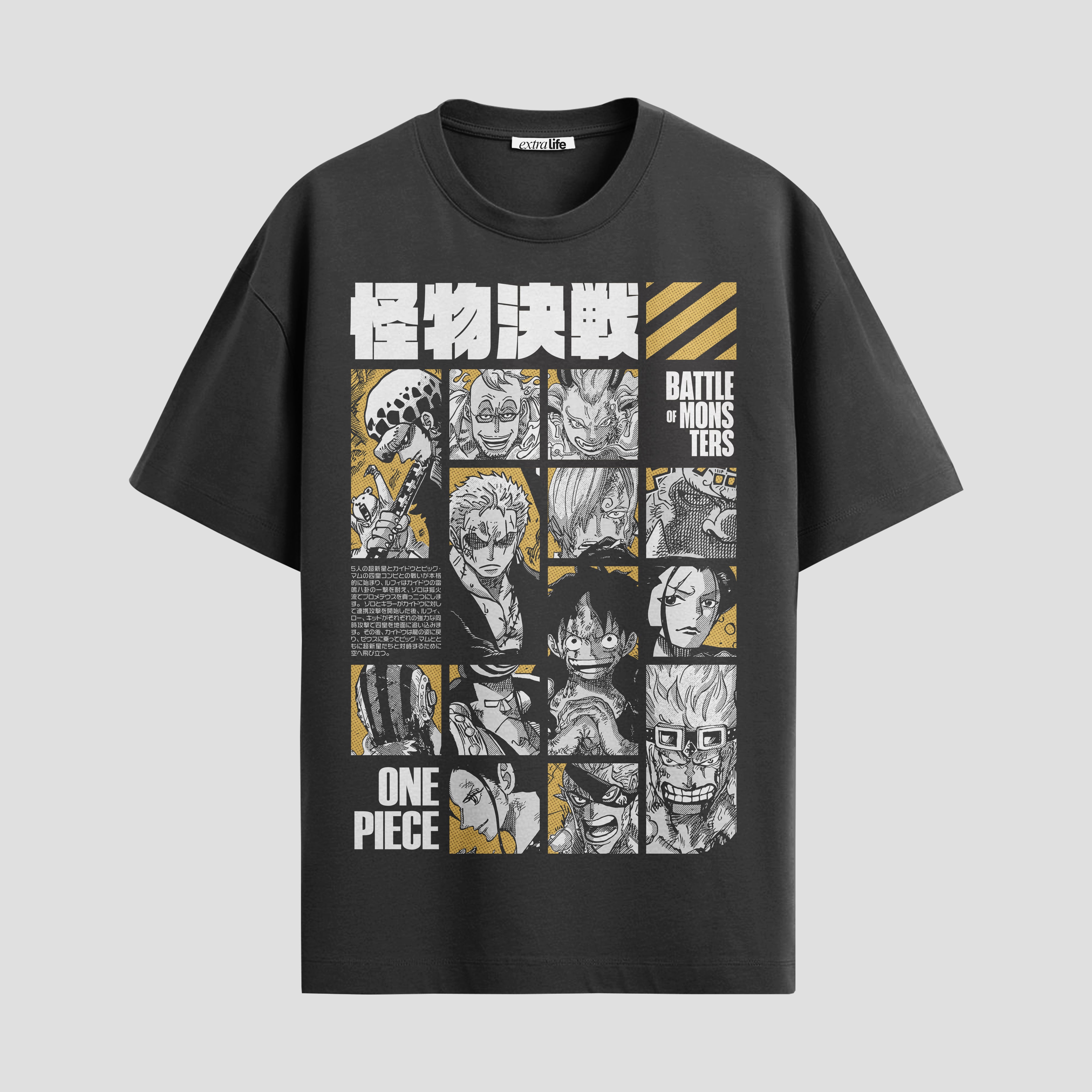 Playera urbana de anime y gaming ExtraLife MX, corte Standard Fit unisex ligero y transpirable en color Deep Black y Pure White, ropa de uso diario para gym y casual.