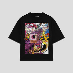 Playera streetwear premium de anime y gaming ExtraLife MX, corte boxy oversized drop shoulder heavyweight en color Deep Black y Off-White, moda urbana mexicana de culto.