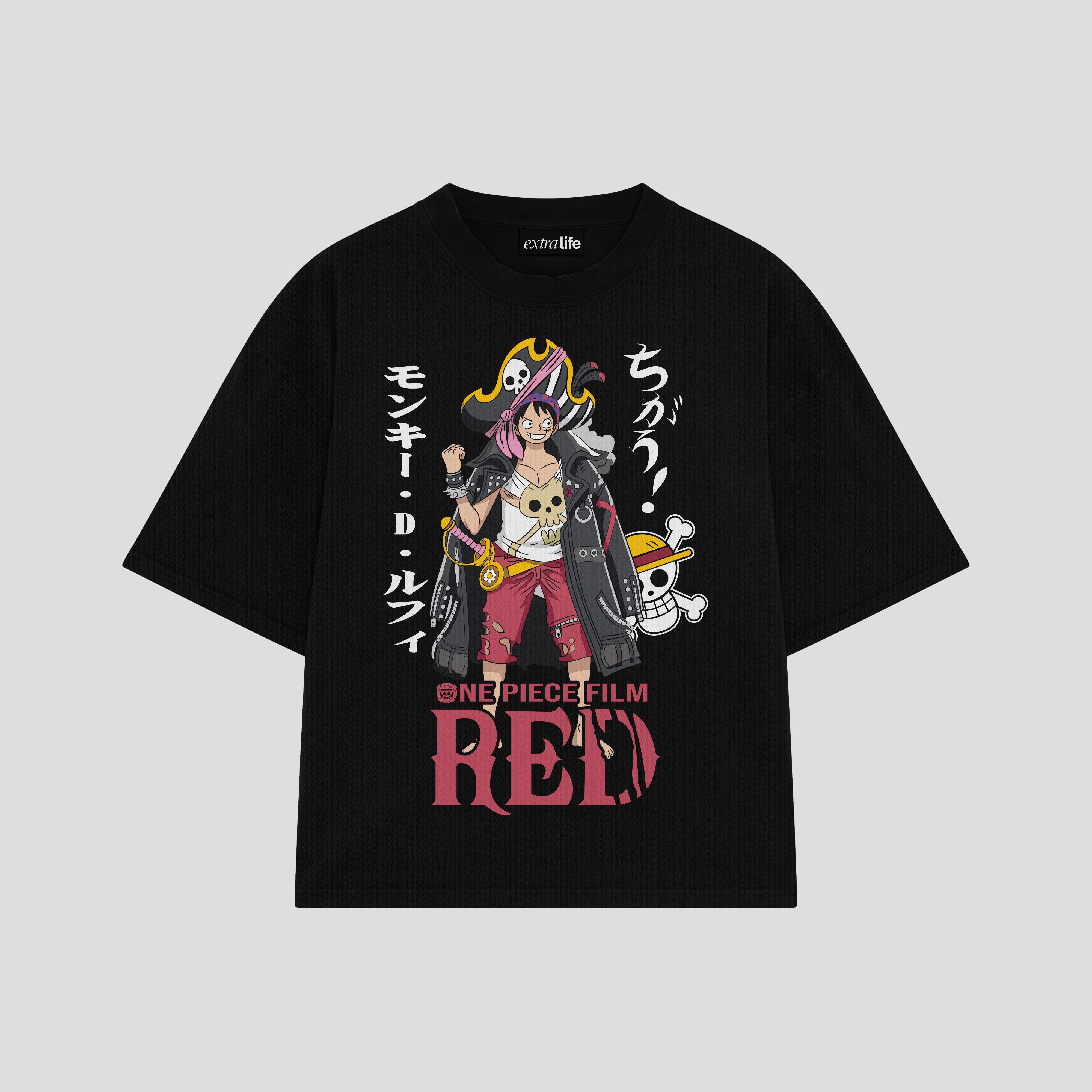 Playera streetwear premium de anime y gaming ExtraLife MX, corte boxy oversized drop shoulder heavyweight en color Deep Black y Off-White, moda urbana mexicana de culto.