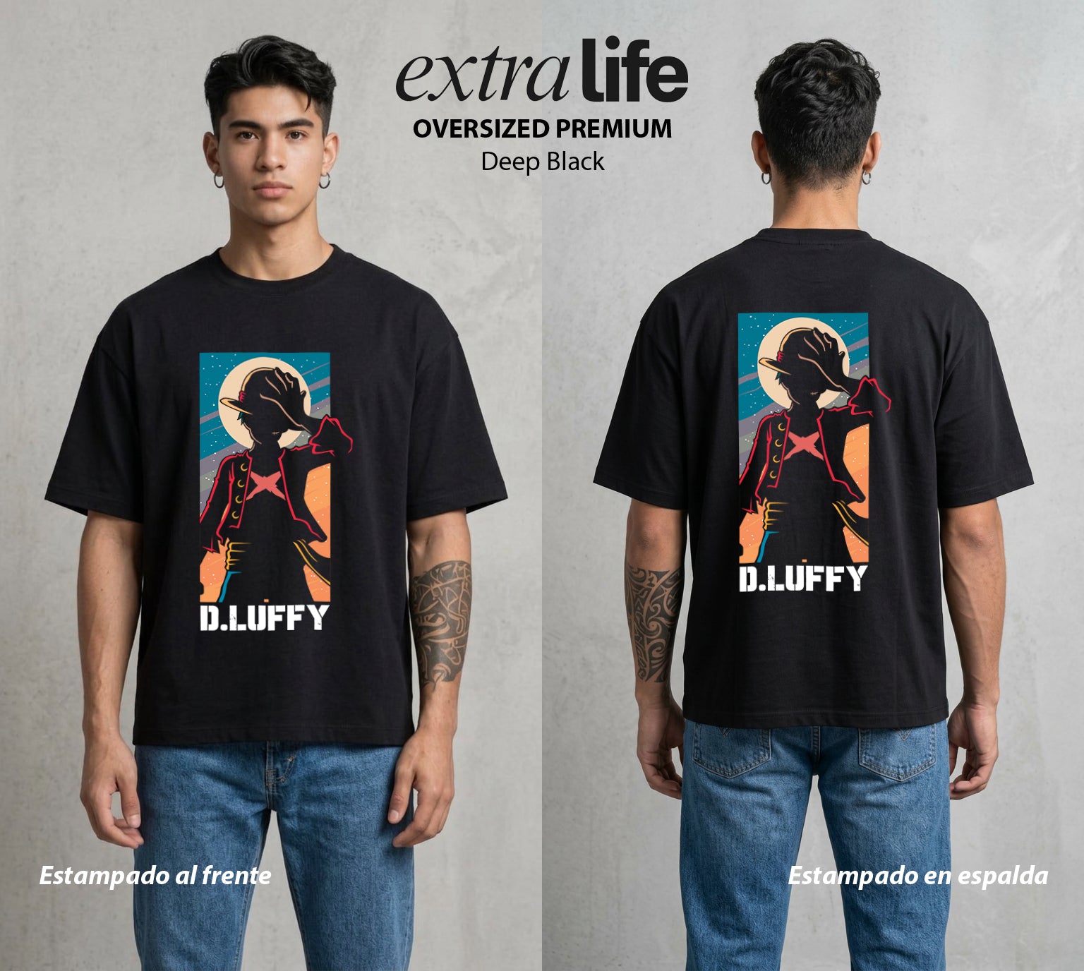 Mar de los Piratas | Sombrero de Paja #04616 - Playera Oversized Premium | Deep Black - Foto en modelo