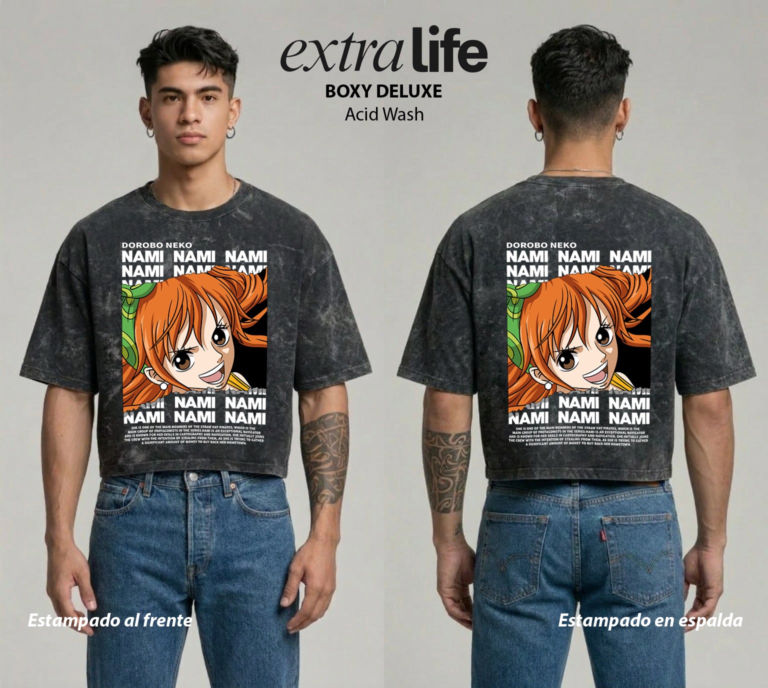 Playera streetwear premium de anime y gaming ExtraLife MX, corte boxy deluxe mineral wash heavyweight en color Acid Wash, moda urbana mexicana de culto.