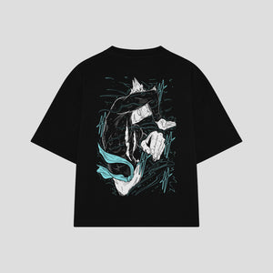 Playera streetwear premium de anime y gaming ExtraLife MX, corte boxy oversized drop shoulder heavyweight en color Deep Black y Off-White, moda urbana mexicana de culto.
