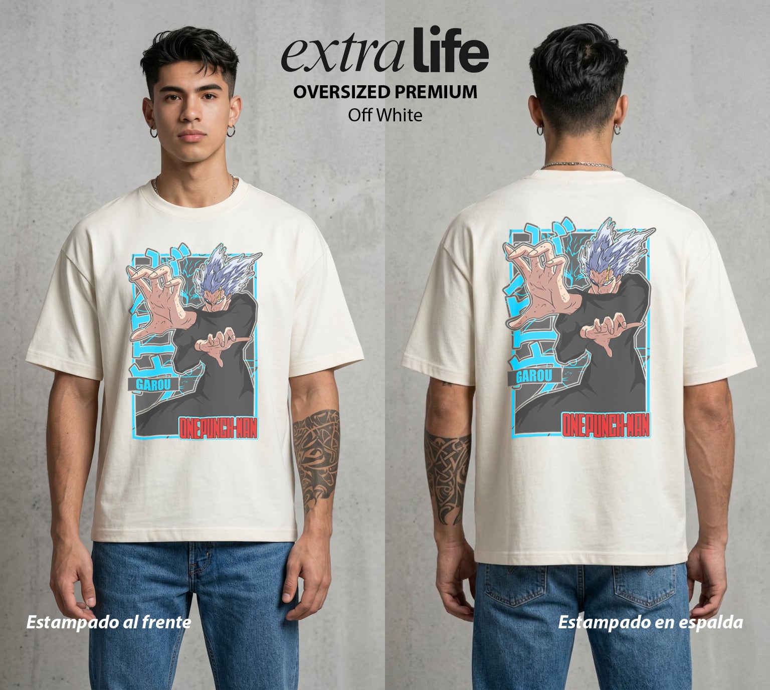 El Heroe por Hobby | Evolución del Caos #04623 - Playera Oversized Premium | Off White - Foto en modelo