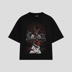 Playera streetwear premium de anime y gaming ExtraLife MX, corte boxy oversized drop shoulder heavyweight en color Deep Black y Off-White, moda urbana mexicana de culto.