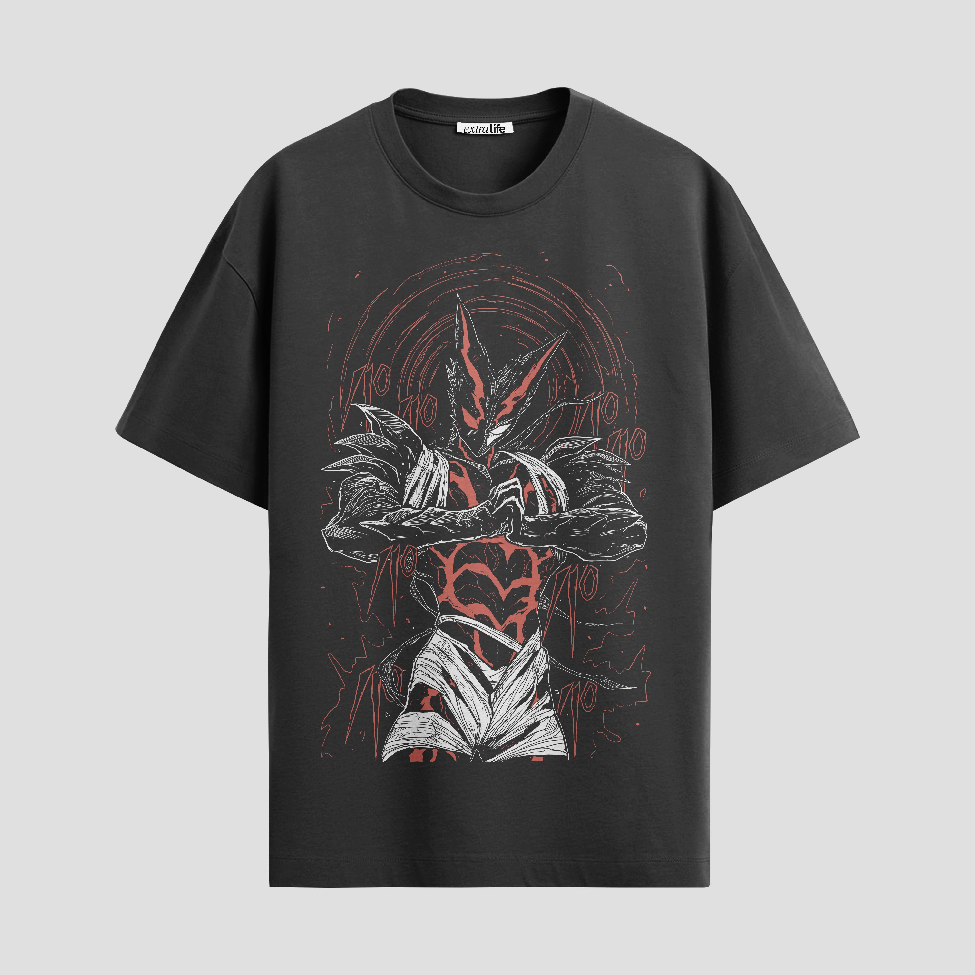 Playera urbana de anime y gaming ExtraLife MX, corte Standard Fit unisex ligero y transpirable en color Deep Black y Pure White, ropa de uso diario para gym y casual.