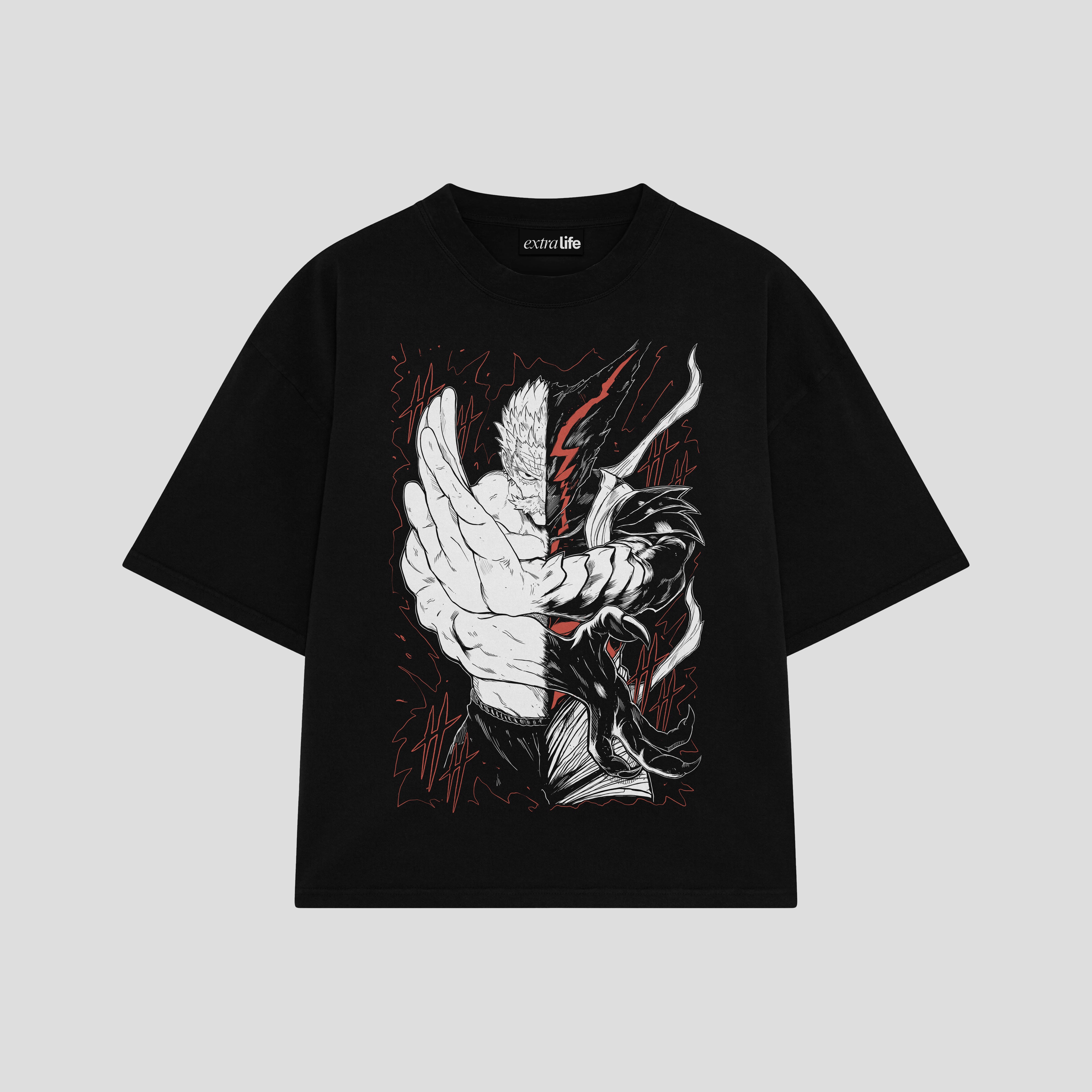 Playera streetwear premium de anime y gaming ExtraLife MX, corte boxy oversized drop shoulder heavyweight en color Deep Black y Off-White, moda urbana mexicana de culto.