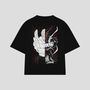 Playera streetwear premium de anime y gaming ExtraLife MX, corte boxy oversized drop shoulder heavyweight en color Deep Black y Off-White, moda urbana mexicana de culto.