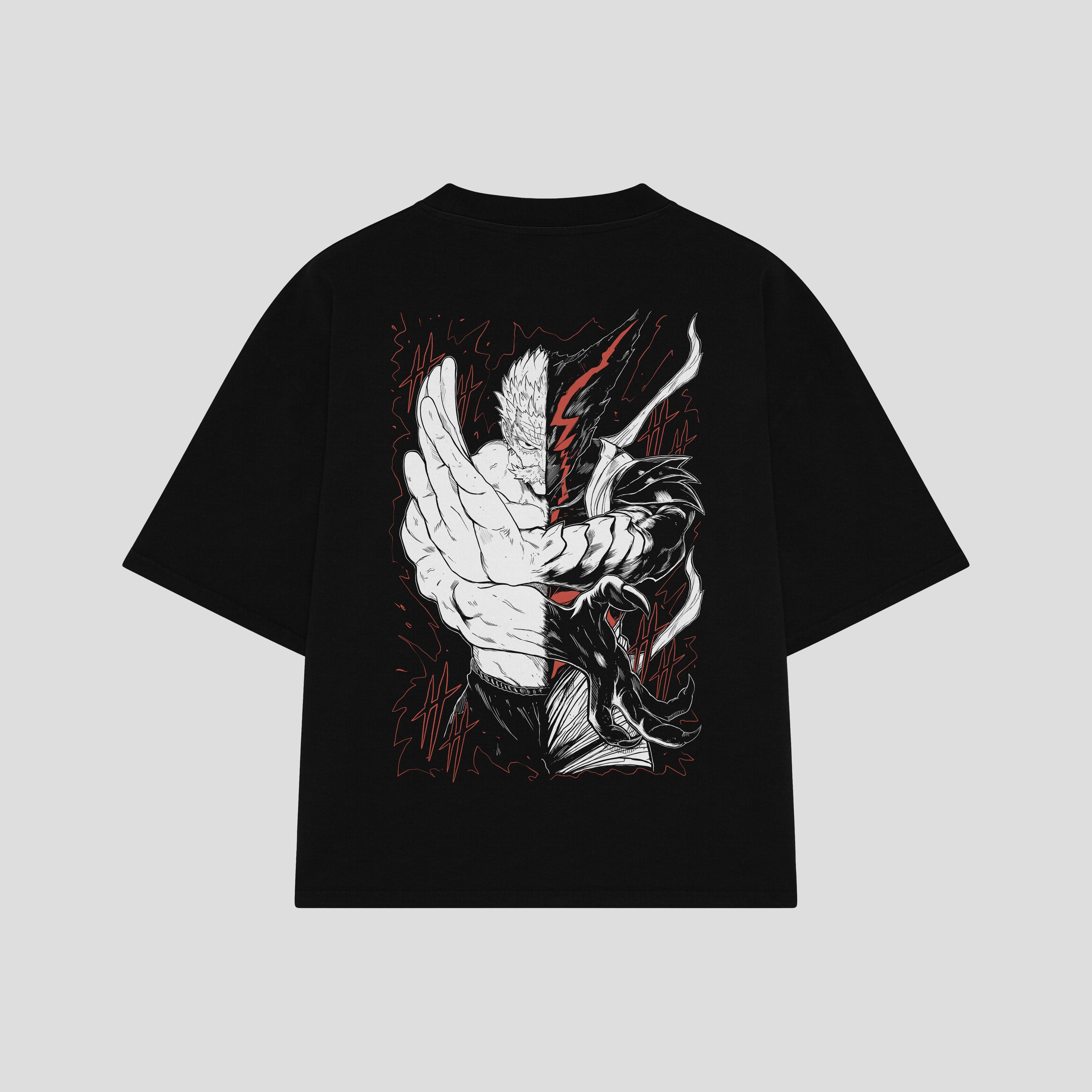 Playera streetwear premium de anime y gaming ExtraLife MX, corte boxy oversized drop shoulder heavyweight en color Deep Black y Off-White, moda urbana mexicana de culto.