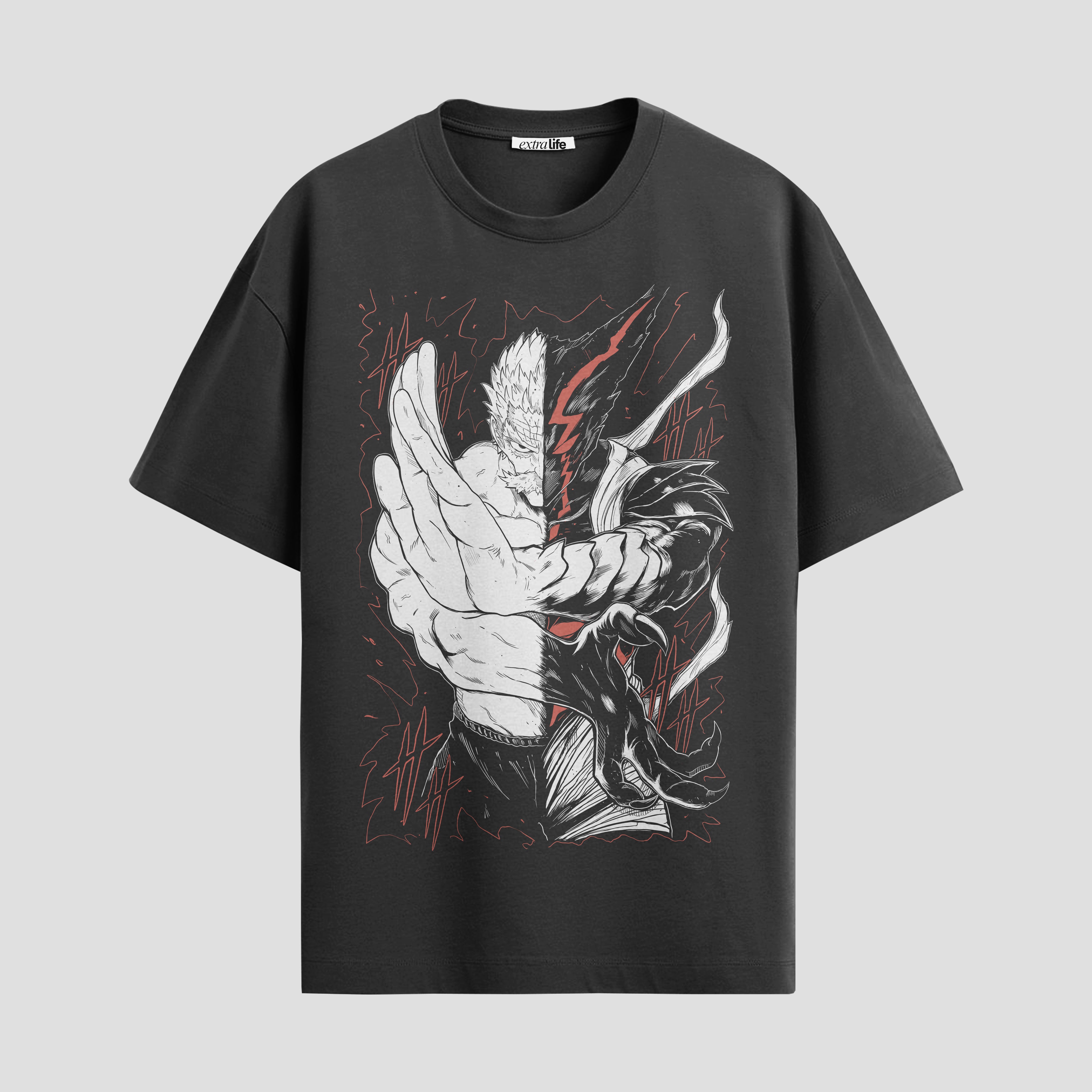 Playera urbana de anime y gaming ExtraLife MX, corte Standard Fit unisex ligero y transpirable en color Deep Black y Pure White, ropa de uso diario para gym y casual.