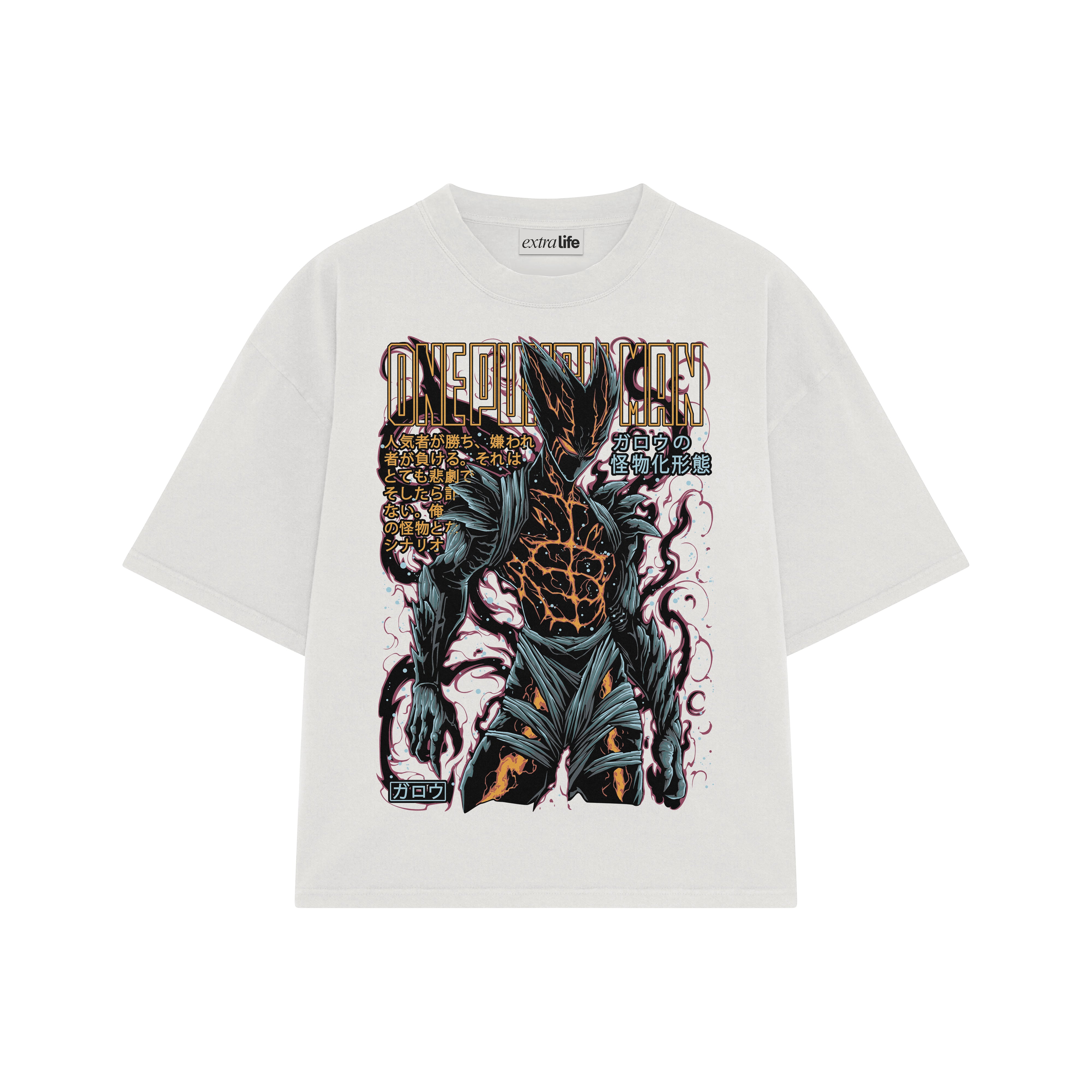Playera streetwear premium de anime y gaming ExtraLife MX, corte boxy oversized drop shoulder heavyweight en color Deep Black y Off-White, moda urbana mexicana de culto.