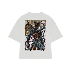 Playera streetwear premium de anime y gaming ExtraLife MX, corte boxy oversized drop shoulder heavyweight en color Deep Black y Off-White, moda urbana mexicana de culto.
