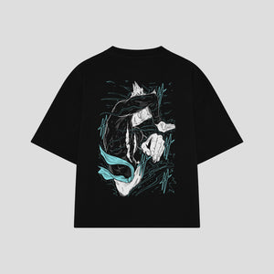 Playera streetwear premium de anime y gaming ExtraLife MX, corte boxy oversized drop shoulder heavyweight en color Deep Black y Off-White, moda urbana mexicana de culto.