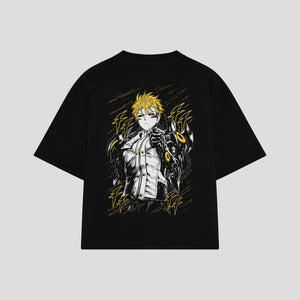 Playera streetwear premium de anime y gaming ExtraLife MX, corte boxy oversized drop shoulder heavyweight en color Deep Black y Off-White, moda urbana mexicana de culto.