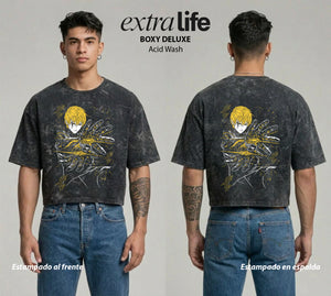 Playera streetwear premium de anime y gaming ExtraLife MX, corte boxy deluxe mineral wash heavyweight en color Acid Wash, moda urbana mexicana de culto.