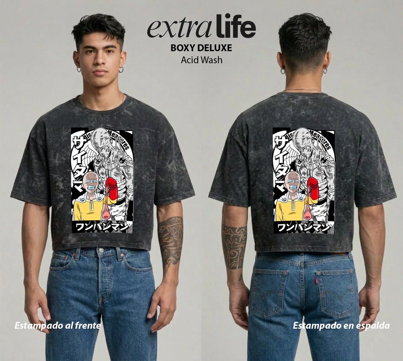 Playera streetwear premium de anime y gaming ExtraLife MX, corte boxy deluxe mineral wash heavyweight en color Acid Wash, moda urbana mexicana de culto.