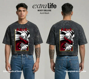 Playera streetwear premium de anime y gaming ExtraLife MX, corte boxy deluxe mineral wash heavyweight en color Acid Wash, moda urbana mexicana de culto.