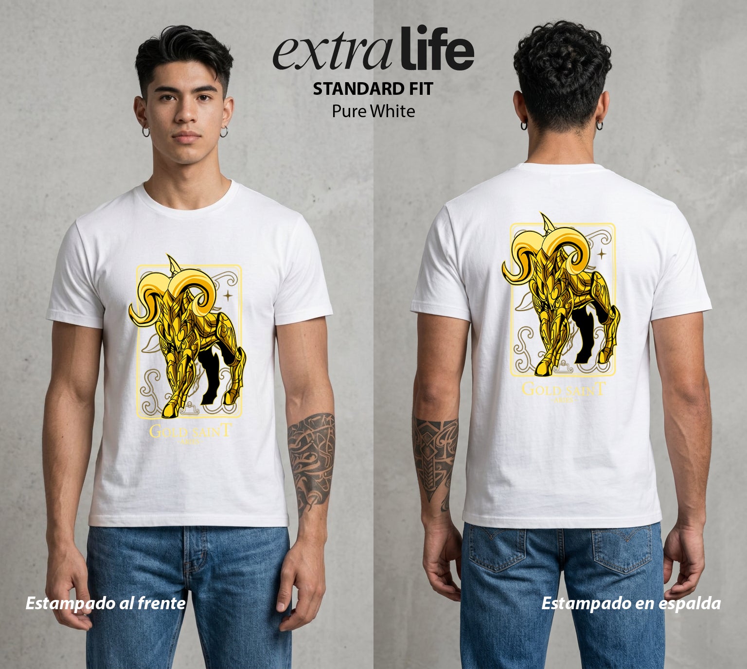 Los Caballeros del Cosmos | Santo Dorado Aries #04636 - Playera Standard Fit | Pure White - Foto en modelo