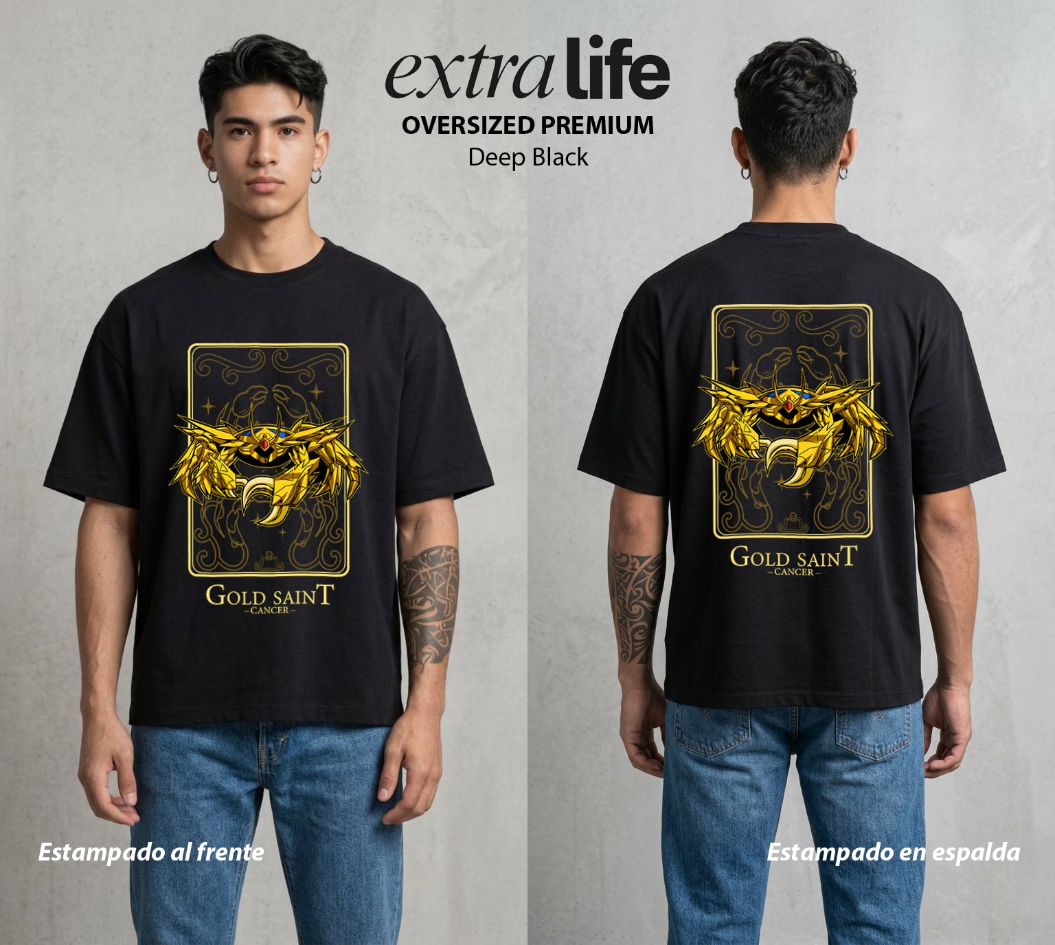 Los Caballeros del Cosmos | Santo Dorado Cáncer #04637 - Playera Oversized Premium | Deep Black - Foto en modelo