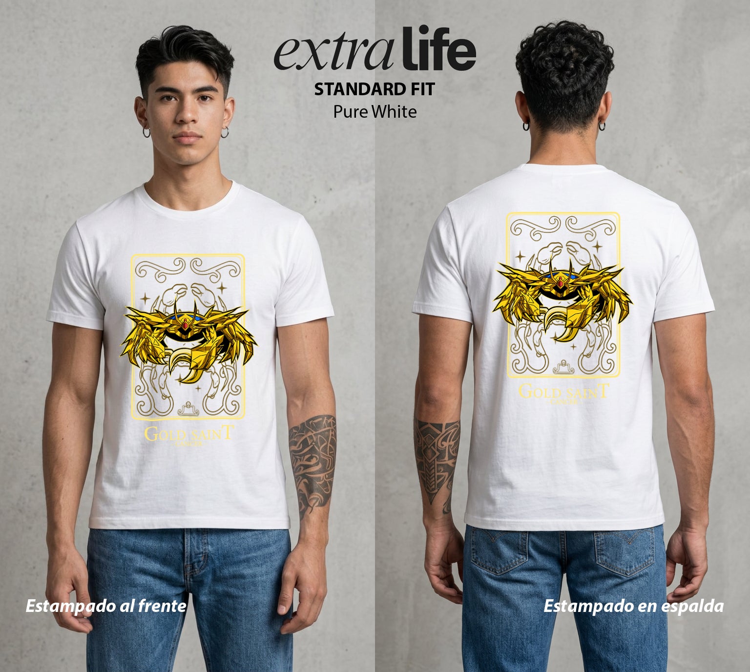 Los Caballeros del Cosmos | Santo Dorado Cáncer #04637 - Playera Standard Fit | Pure White - Foto en modelo