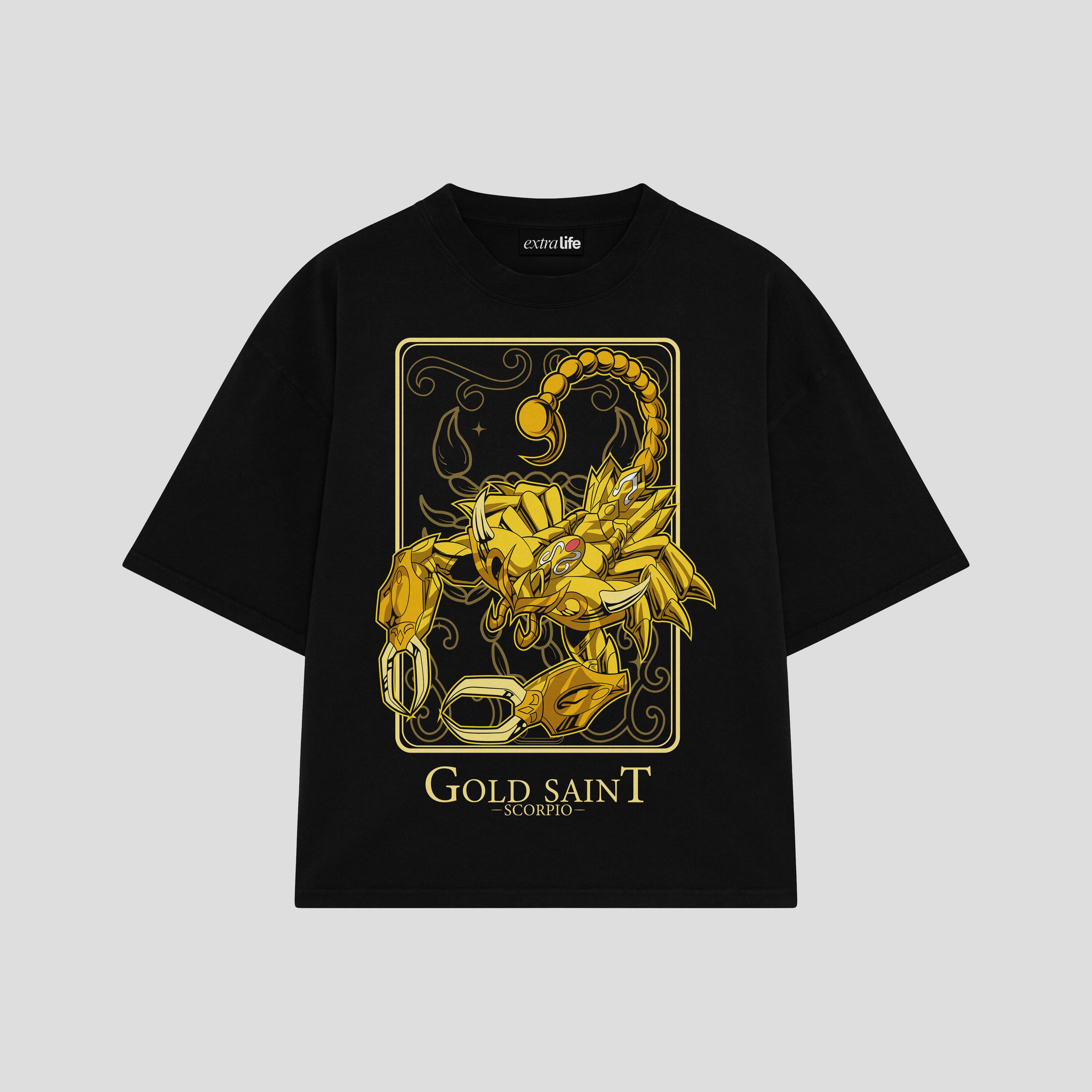 Playera streetwear premium de anime y gaming ExtraLife MX, corte boxy oversized drop shoulder heavyweight en color Deep Black y Off-White, moda urbana mexicana de culto.