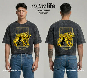 Playera streetwear premium de anime y gaming ExtraLife MX, corte boxy deluxe mineral wash heavyweight en color Acid Wash, moda urbana mexicana de culto.
