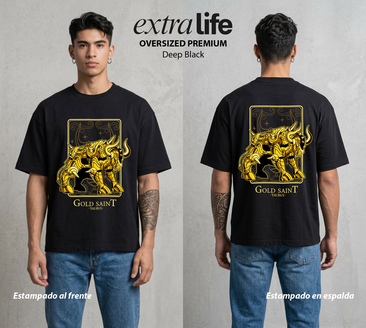 Los Caballeros del Cosmos | Santo Dorado Tauro #04645 - Playera Oversized Premium | Deep Black - Foto en modelo