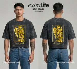 Playera streetwear premium de anime y gaming ExtraLife MX, corte boxy deluxe mineral wash heavyweight en color Acid Wash, moda urbana mexicana de culto.