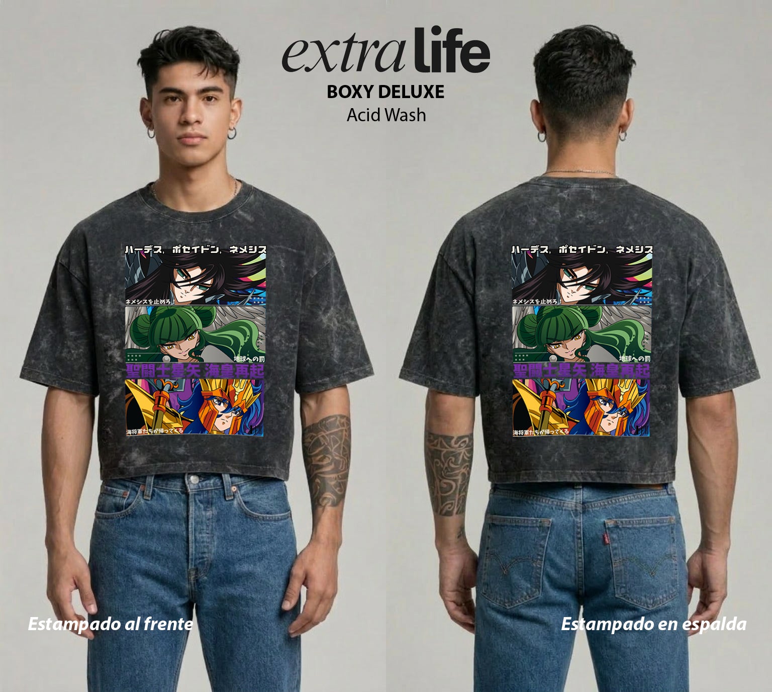 Playera streetwear premium de anime y gaming ExtraLife MX, corte boxy deluxe mineral wash heavyweight en color Acid Wash, moda urbana mexicana de culto.