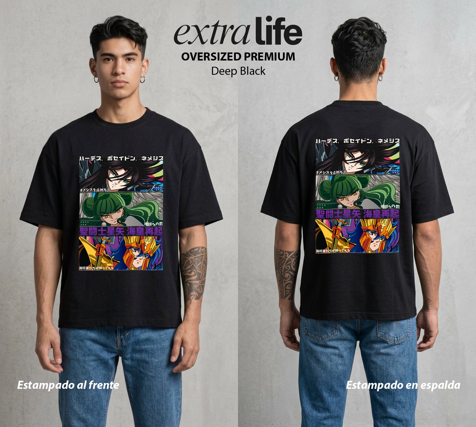 Los Caballeros del Cosmos | Resurgir del Océano #04648 - Playera Oversized Premium | Deep Black - Foto en modelo