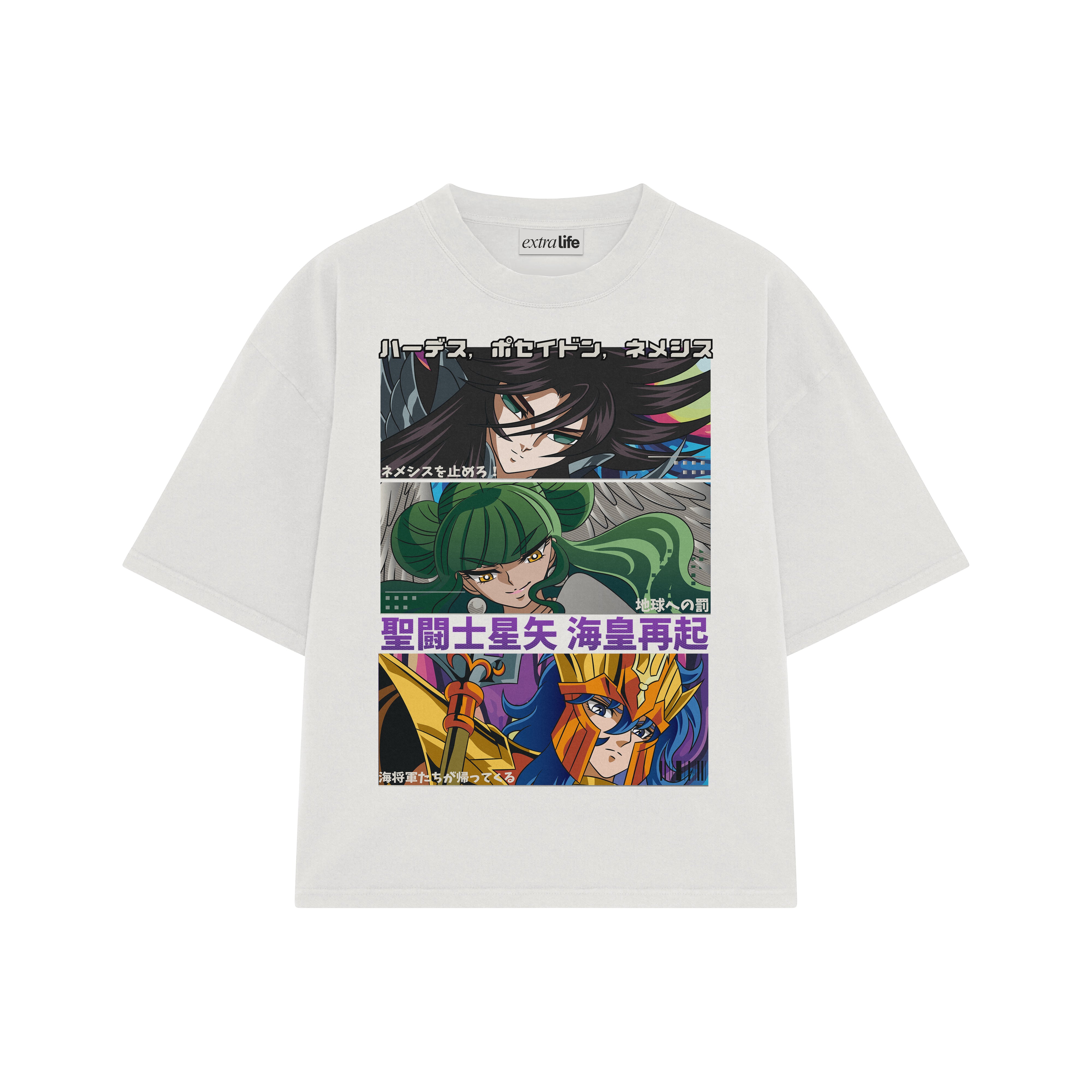 Playera streetwear premium de anime y gaming ExtraLife MX, corte boxy oversized drop shoulder heavyweight en color Deep Black y Off-White, moda urbana mexicana de culto.
