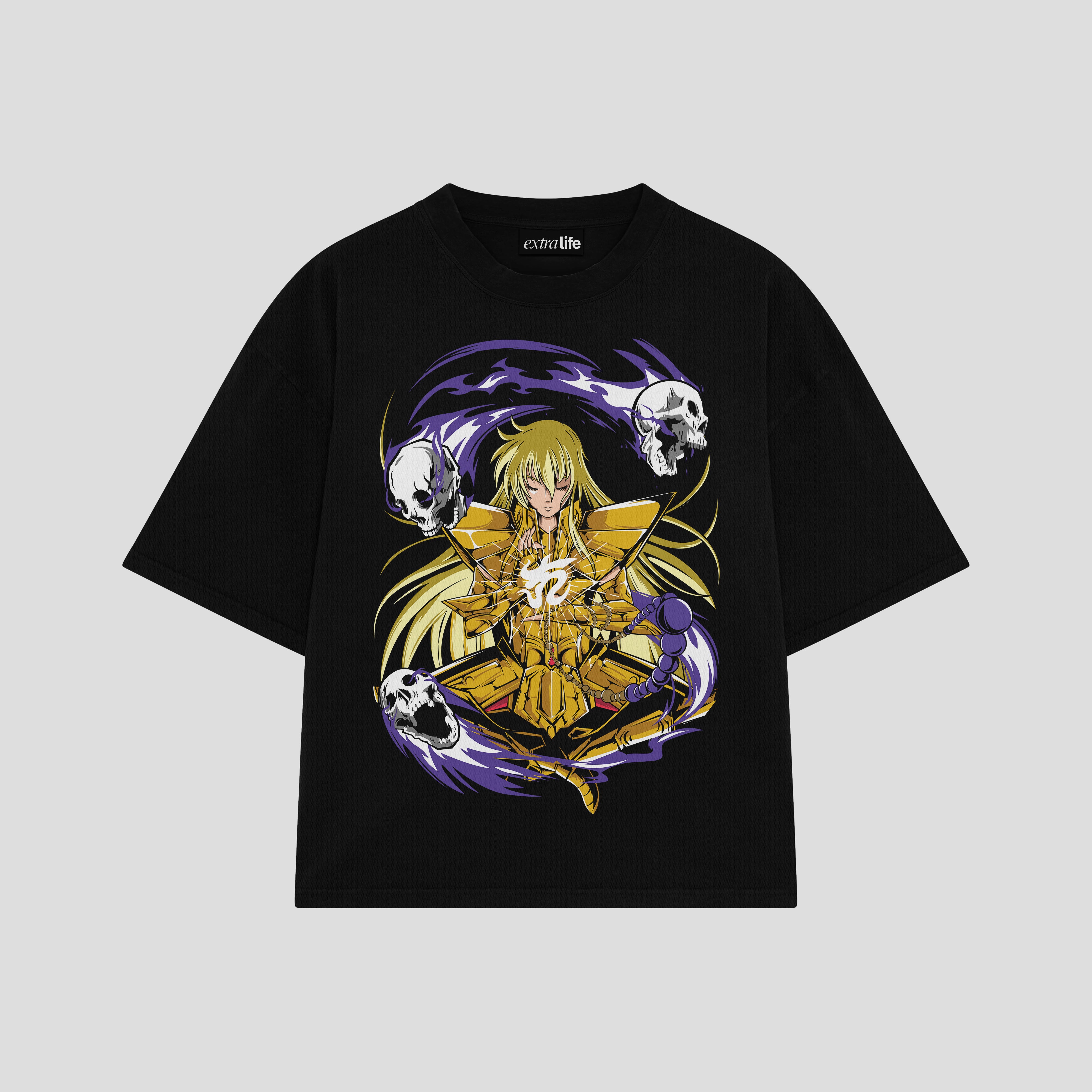 Playera streetwear premium de anime y gaming ExtraLife MX, corte boxy oversized drop shoulder heavyweight en color Deep Black y Off-White, moda urbana mexicana de culto.