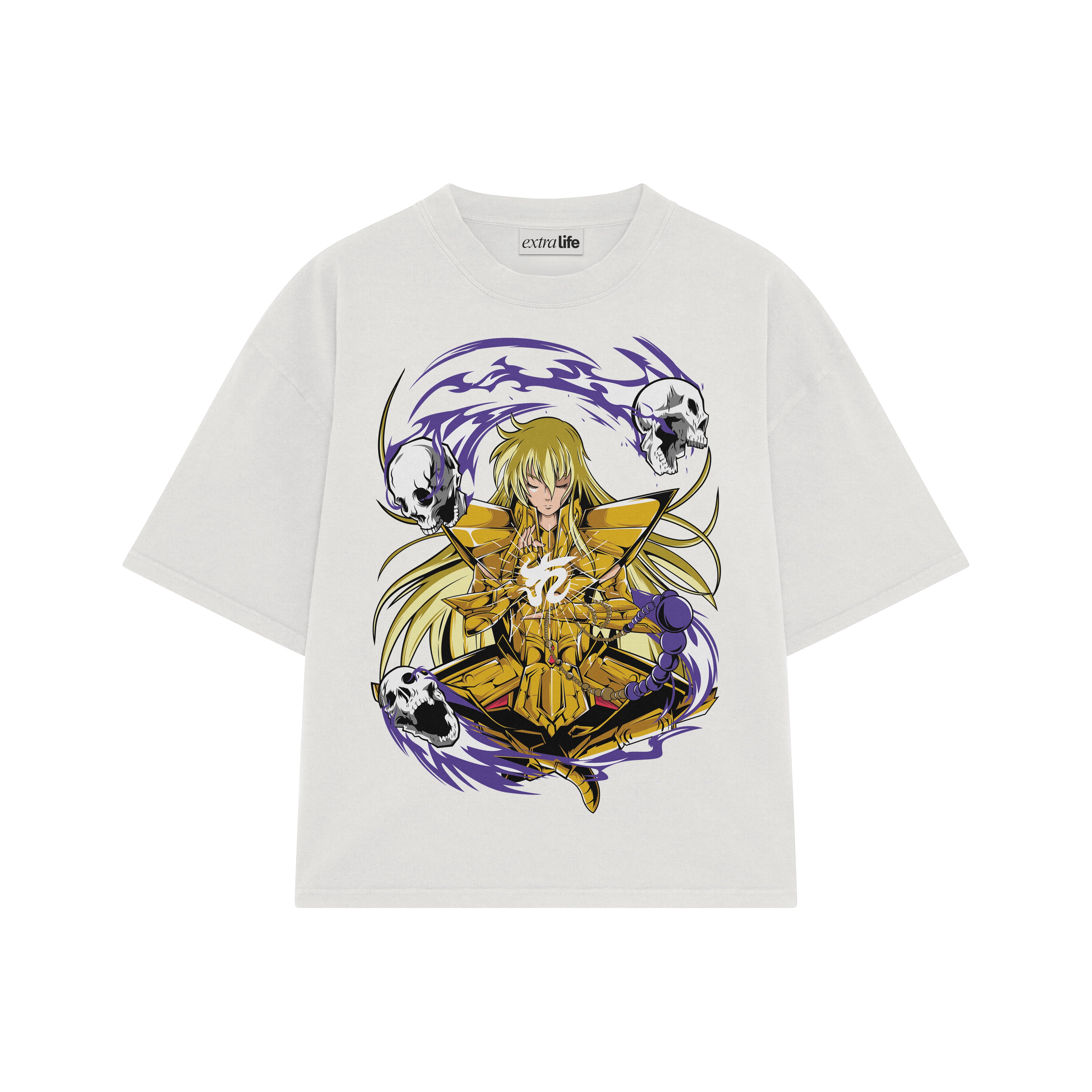 Playera streetwear premium de anime y gaming ExtraLife MX, corte boxy oversized drop shoulder heavyweight en color Deep Black y Off-White, moda urbana mexicana de culto.