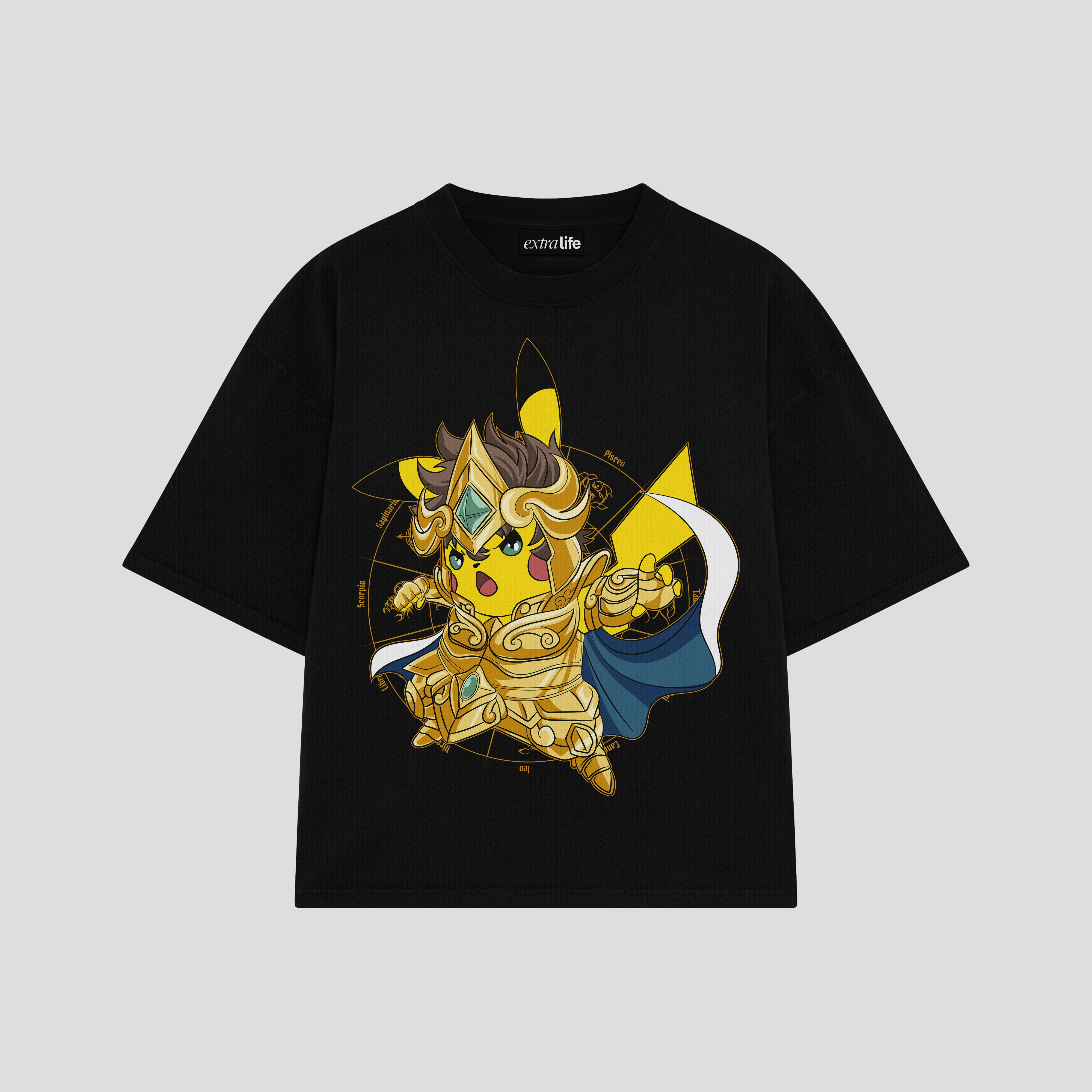 Playera streetwear premium de anime y gaming ExtraLife MX, corte boxy oversized drop shoulder heavyweight en color Deep Black y Off-White, moda urbana mexicana de culto.
