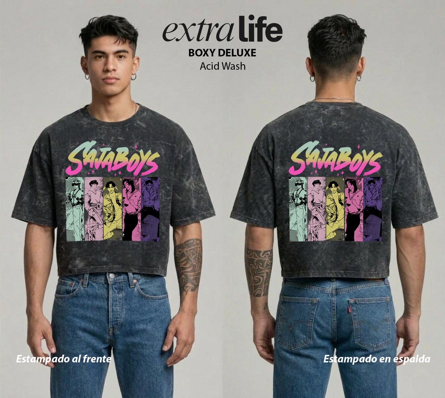 Playera streetwear premium de anime y gaming ExtraLife MX, corte boxy deluxe mineral wash heavyweight en color Acid Wash, moda urbana mexicana de culto.