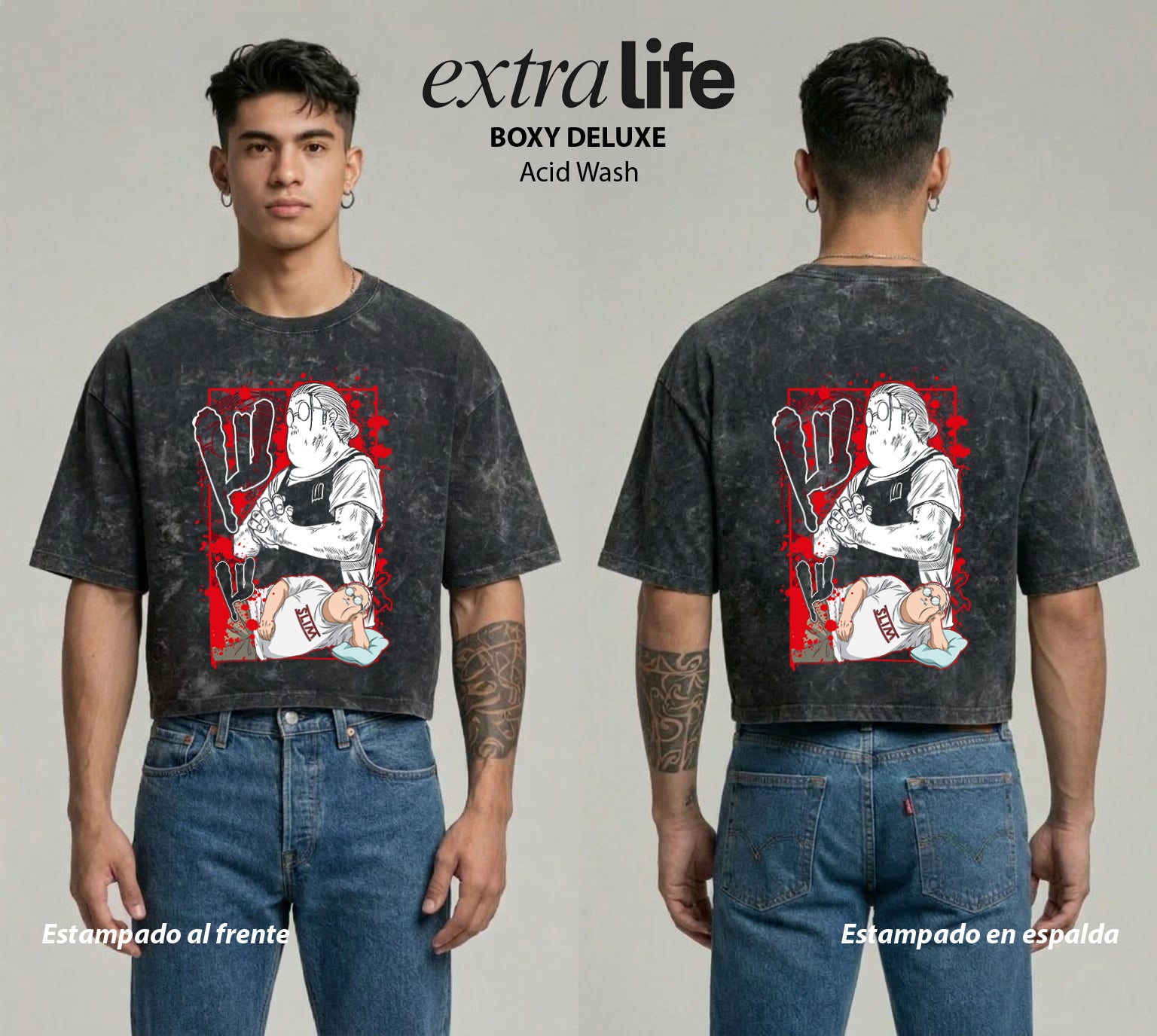 Playera streetwear premium de anime y gaming ExtraLife MX, corte boxy deluxe mineral wash heavyweight en color Acid Wash, moda urbana mexicana de culto.