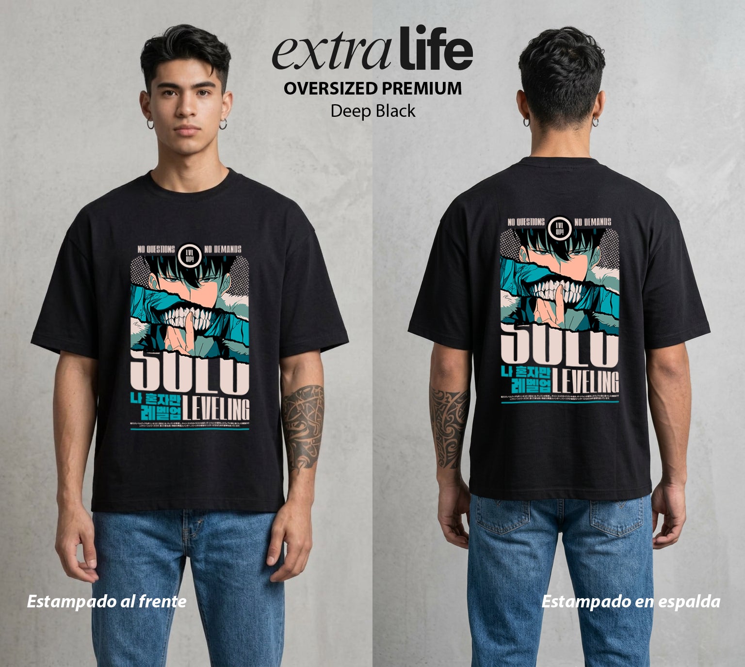 El Cazador en Ascenso | Despertar del Cazador #04663 - Playera Oversized Premium | Deep Black - Foto en modelo
