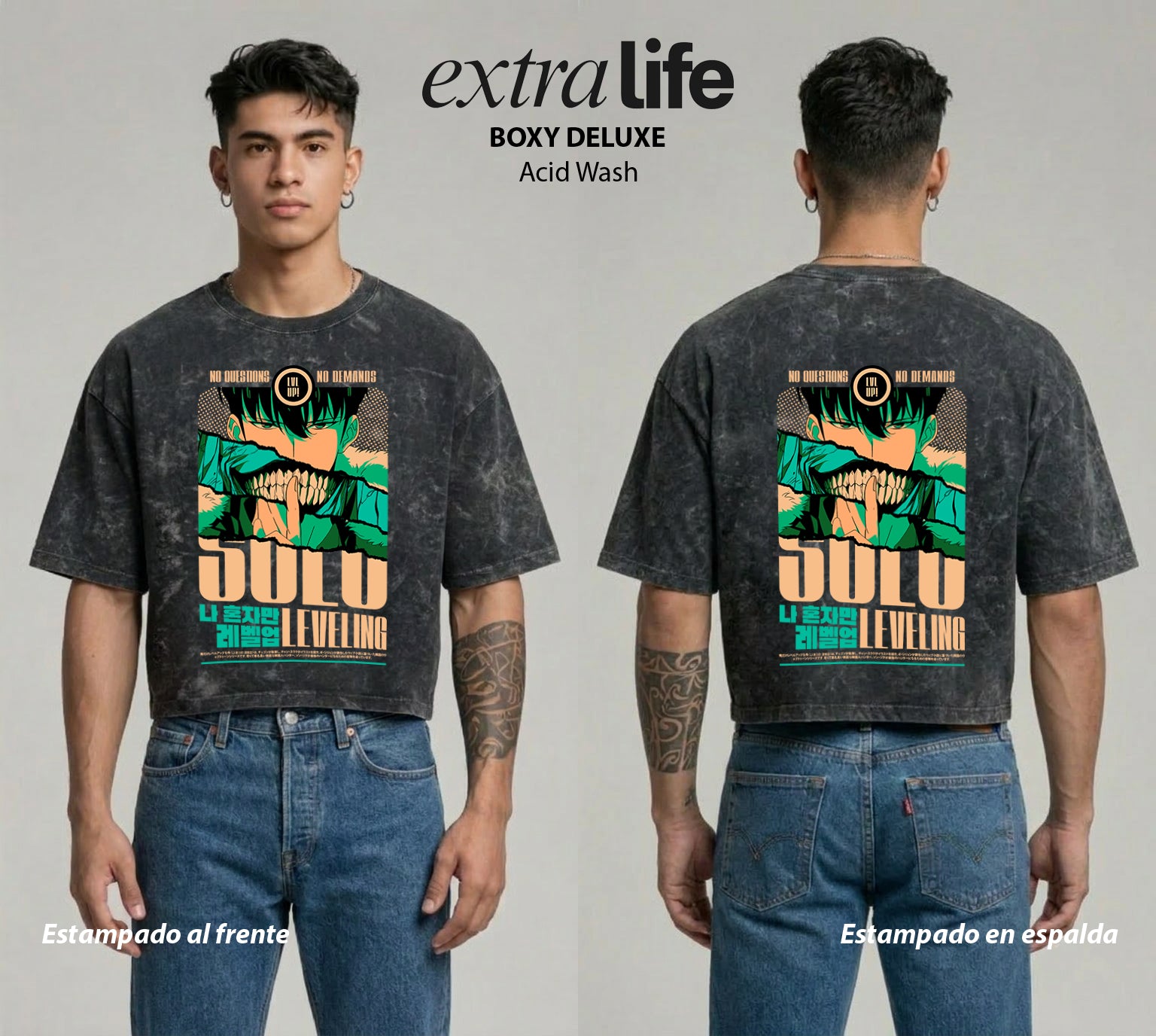 Playera streetwear premium de anime y gaming ExtraLife MX, corte boxy deluxe mineral wash heavyweight en color Acid Wash, moda urbana mexicana de culto.