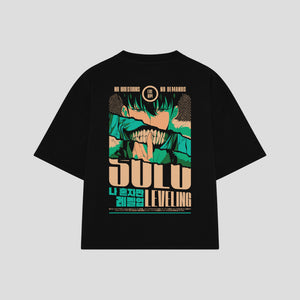 Playera streetwear premium de anime y gaming ExtraLife MX, corte boxy oversized drop shoulder heavyweight en color Deep Black y Off-White, moda urbana mexicana de culto.