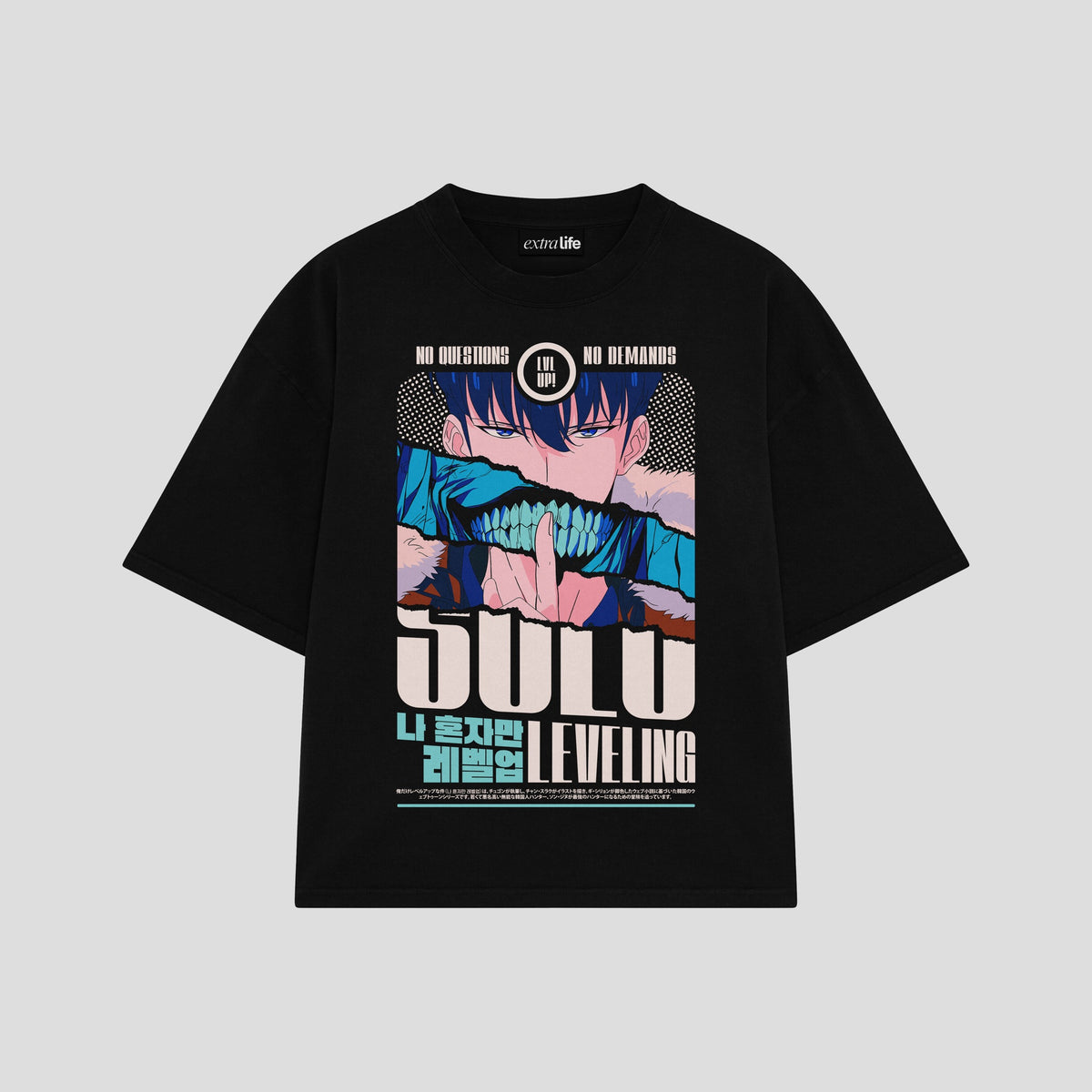 Playera streetwear premium de anime y gaming ExtraLife MX, corte oversized drop shoulder ligero y fresco en color Deep Black y Off-White, moda urbana mexicana de culto.