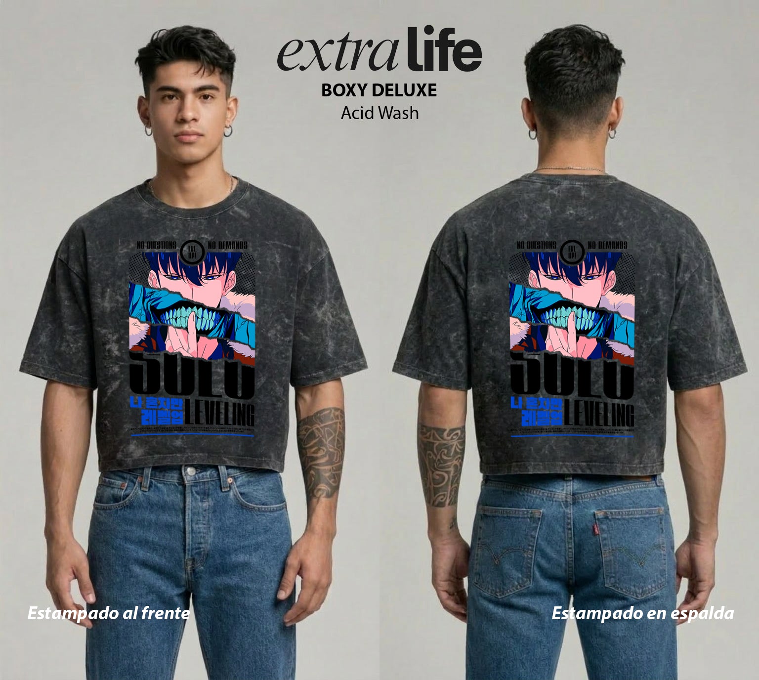 Playera streetwear premium de anime y gaming ExtraLife MX, corte boxy deluxe mineral wash heavyweight en color Acid Wash, moda urbana mexicana de culto.