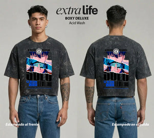 Playera streetwear premium de anime y gaming ExtraLife MX, corte boxy deluxe mineral wash heavyweight en color Acid Wash, moda urbana mexicana de culto.