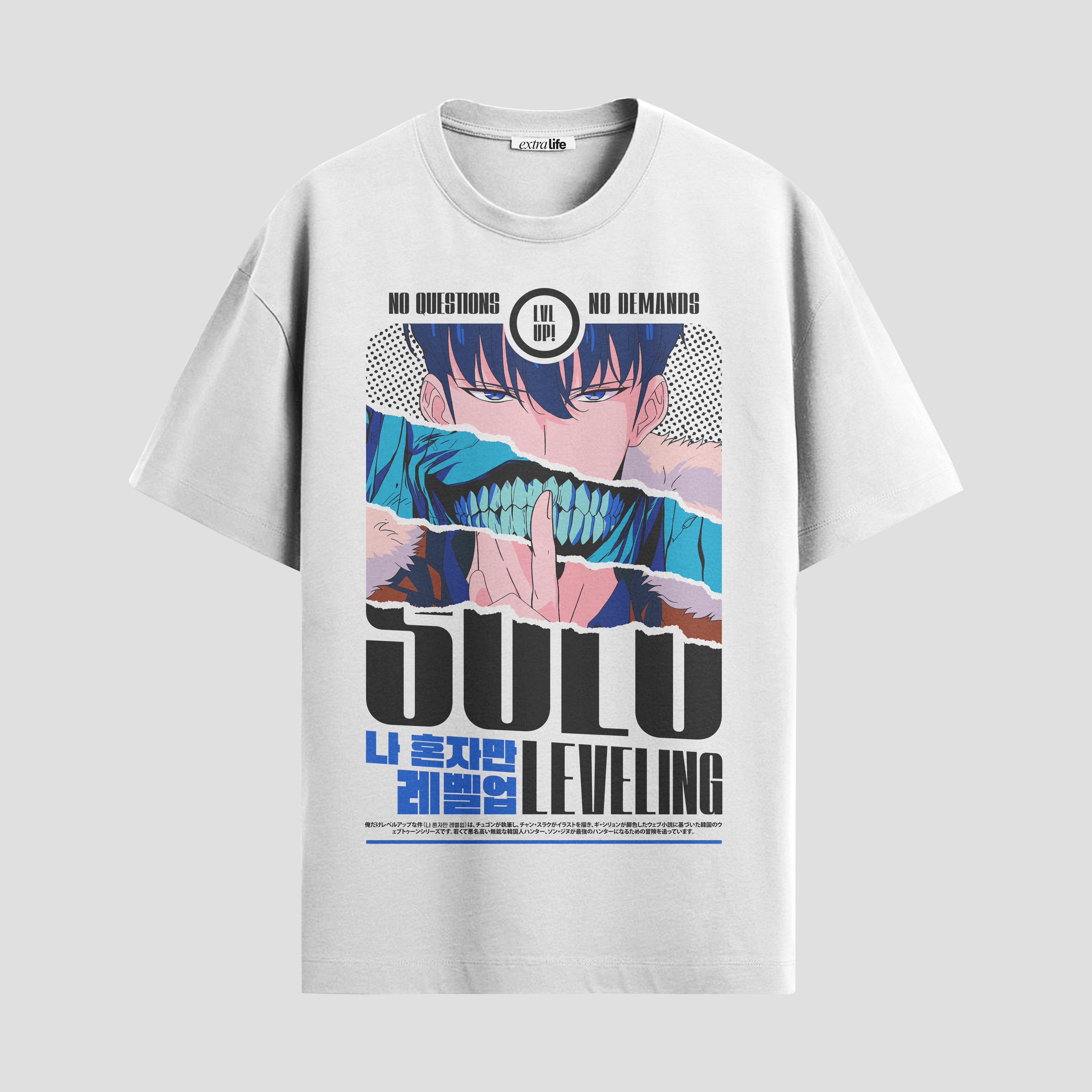 Playera urbana de anime y gaming ExtraLife MX, corte Standard Fit unisex ligero y transpirable en color Deep Black y Pure White, ropa de uso diario para gym y casual.