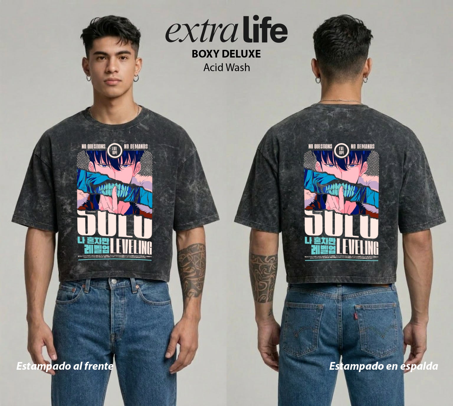 Playera streetwear premium de anime y gaming ExtraLife MX, corte boxy deluxe mineral wash heavyweight en color Acid Wash, moda urbana mexicana de culto.