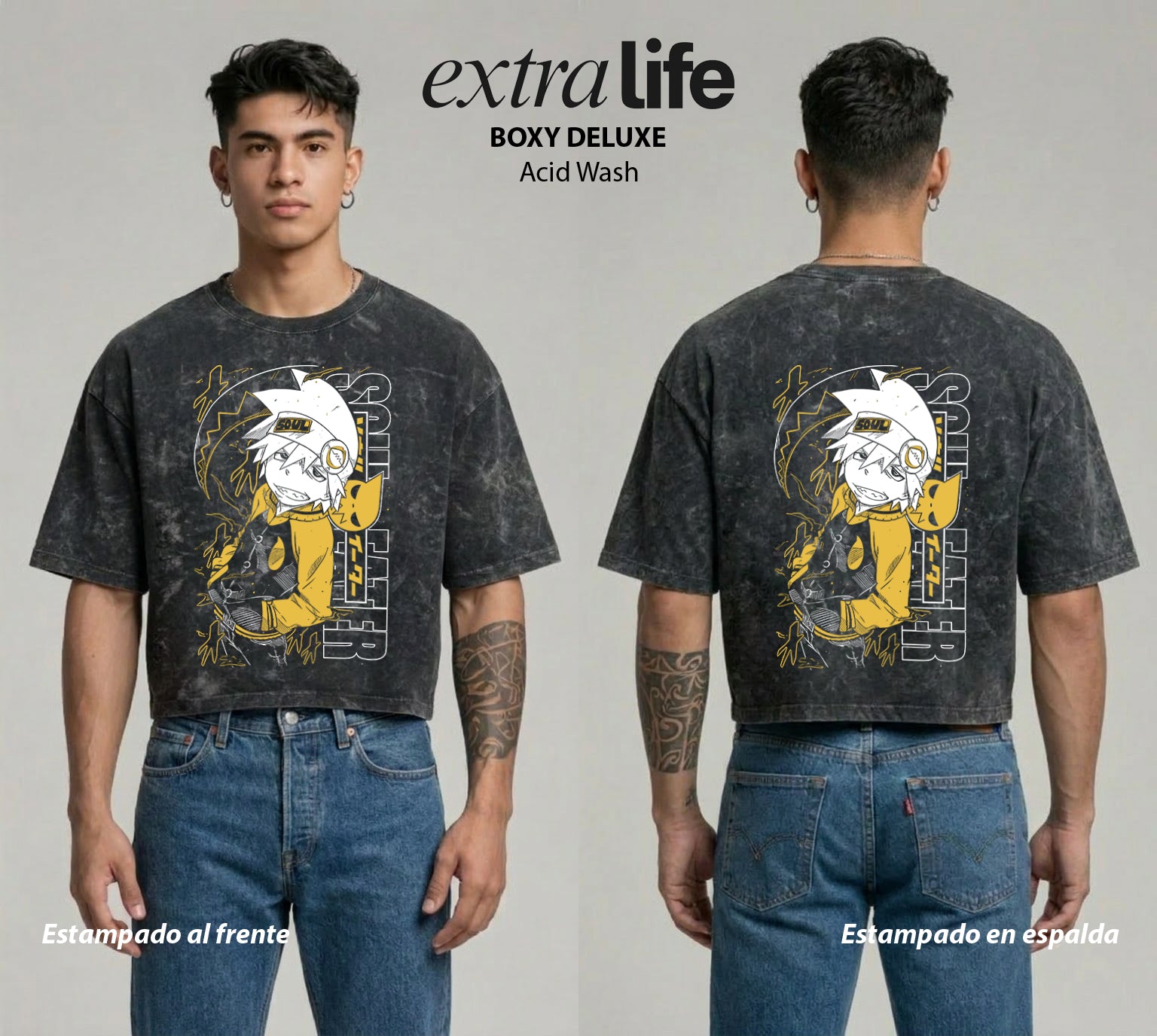 Playera streetwear premium de anime y gaming ExtraLife MX, corte boxy deluxe mineral wash heavyweight en color Acid Wash, moda urbana mexicana de culto.