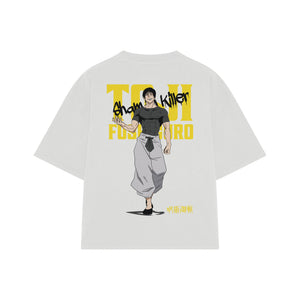 Playera streetwear premium de anime y gaming ExtraLife MX, corte boxy oversized drop shoulder heavyweight en color Deep Black y Off-White, moda urbana mexicana de culto.