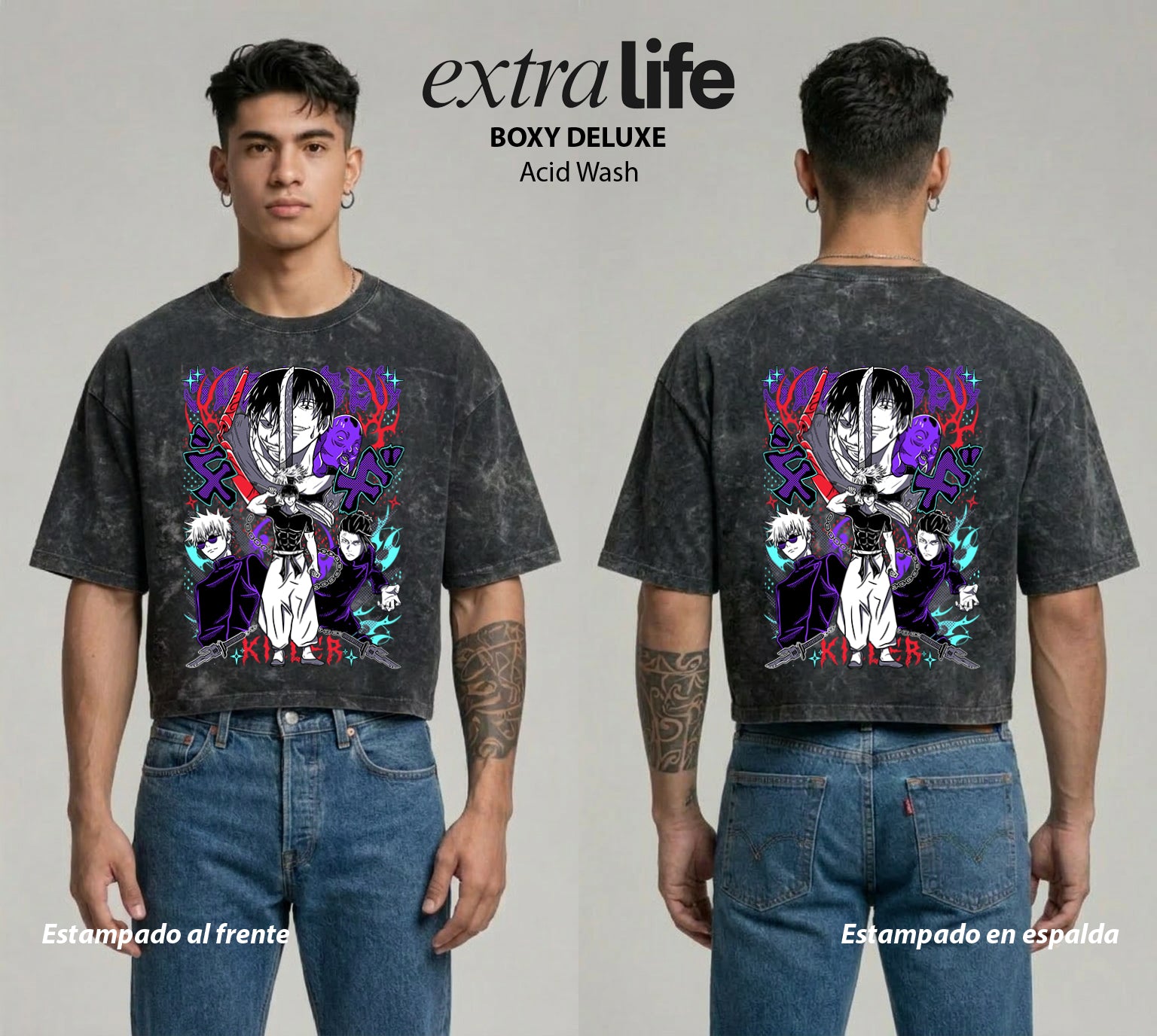 Playera streetwear premium de anime y gaming ExtraLife MX, corte boxy deluxe mineral wash heavyweight en color Acid Wash, moda urbana mexicana de culto.