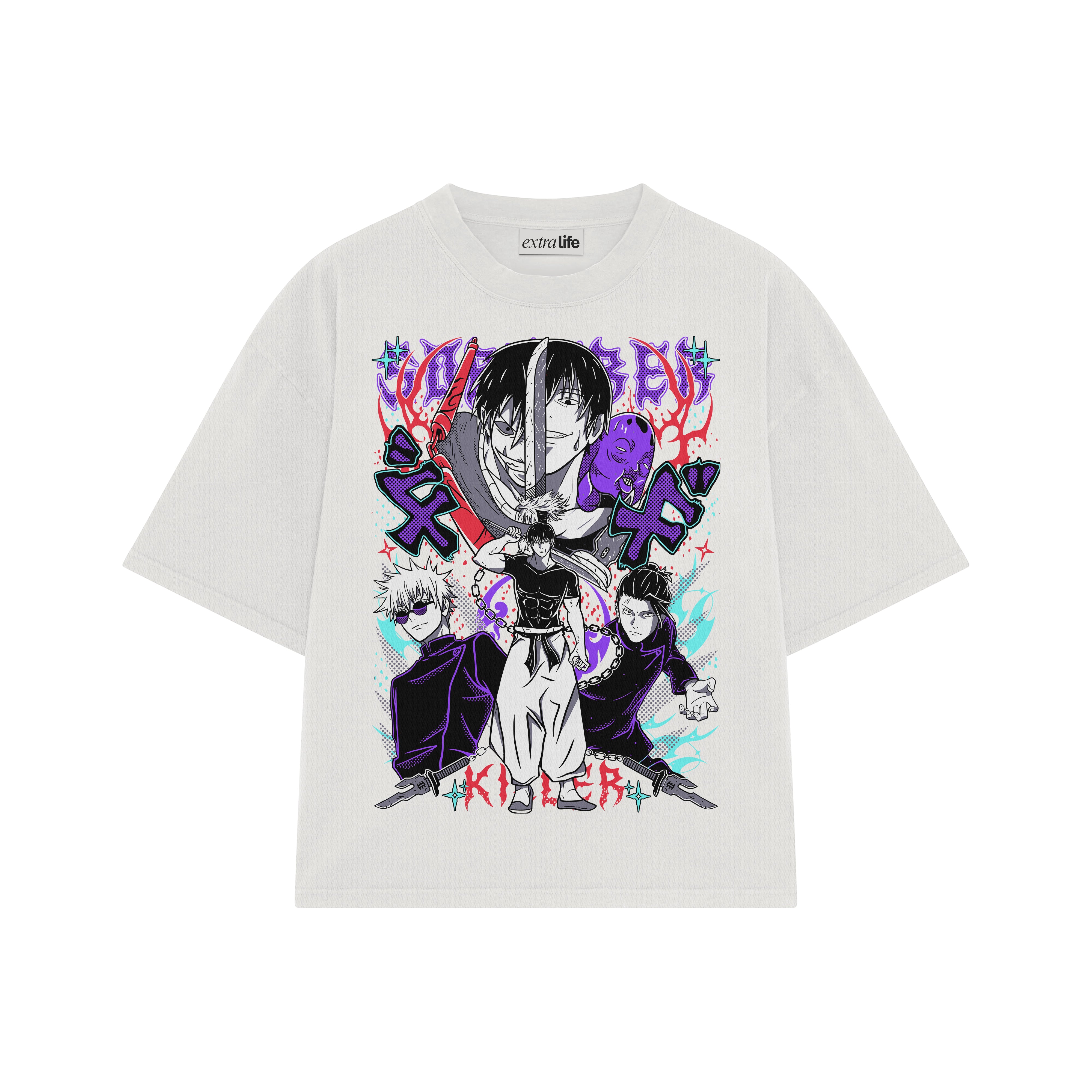 Playera streetwear premium de anime y gaming ExtraLife MX, corte boxy oversized drop shoulder heavyweight en color Deep Black y Off-White, moda urbana mexicana de culto.