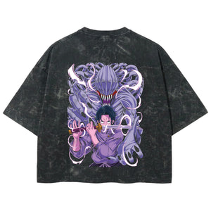 Playera streetwear premium de anime y gaming ExtraLife MX, corte boxy deluxe mineral wash heavyweight en color Acid Wash, moda urbana mexicana de culto.